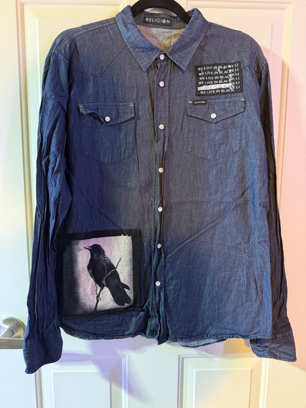 Religion Denim Button-Up Shirt with Raven Patch